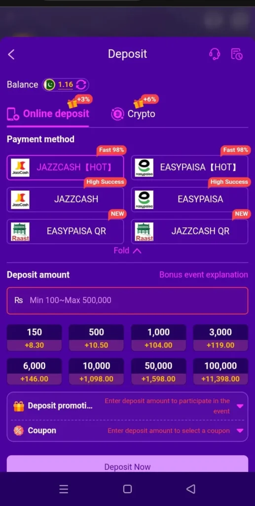 98PKR GAME Deposits and Payments