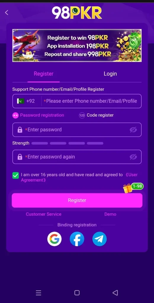98PKR GAME Login & Registration